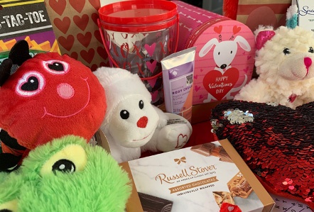 A collection of Valentine's Day gift items including plush stuffed animals, a Russell Stover assorted chocolates box, a sequin journal, body wash, and a Valentine's candy tin arranged together.