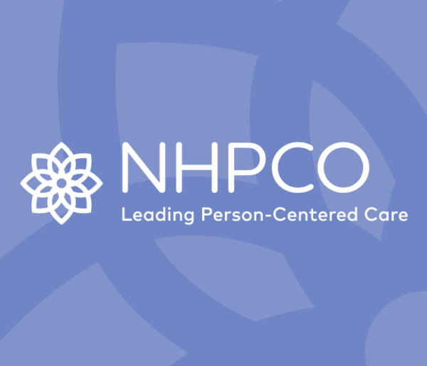 NHPCO – Leading Person-Centered Care logo on a purple background with a decorative floral emblem.