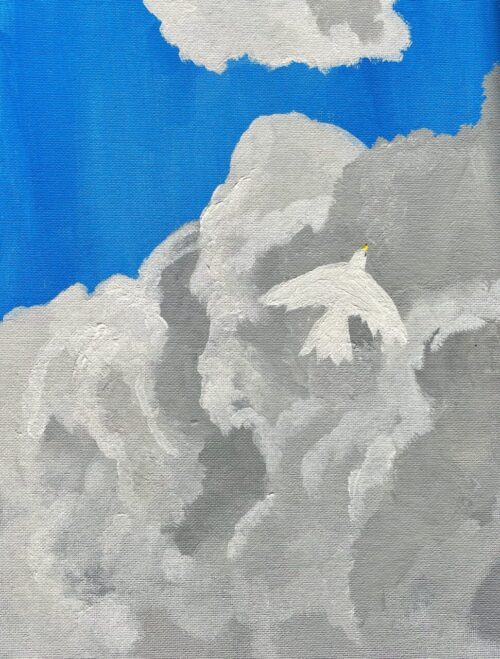 paining of a white bird amidst blue cloudy sky