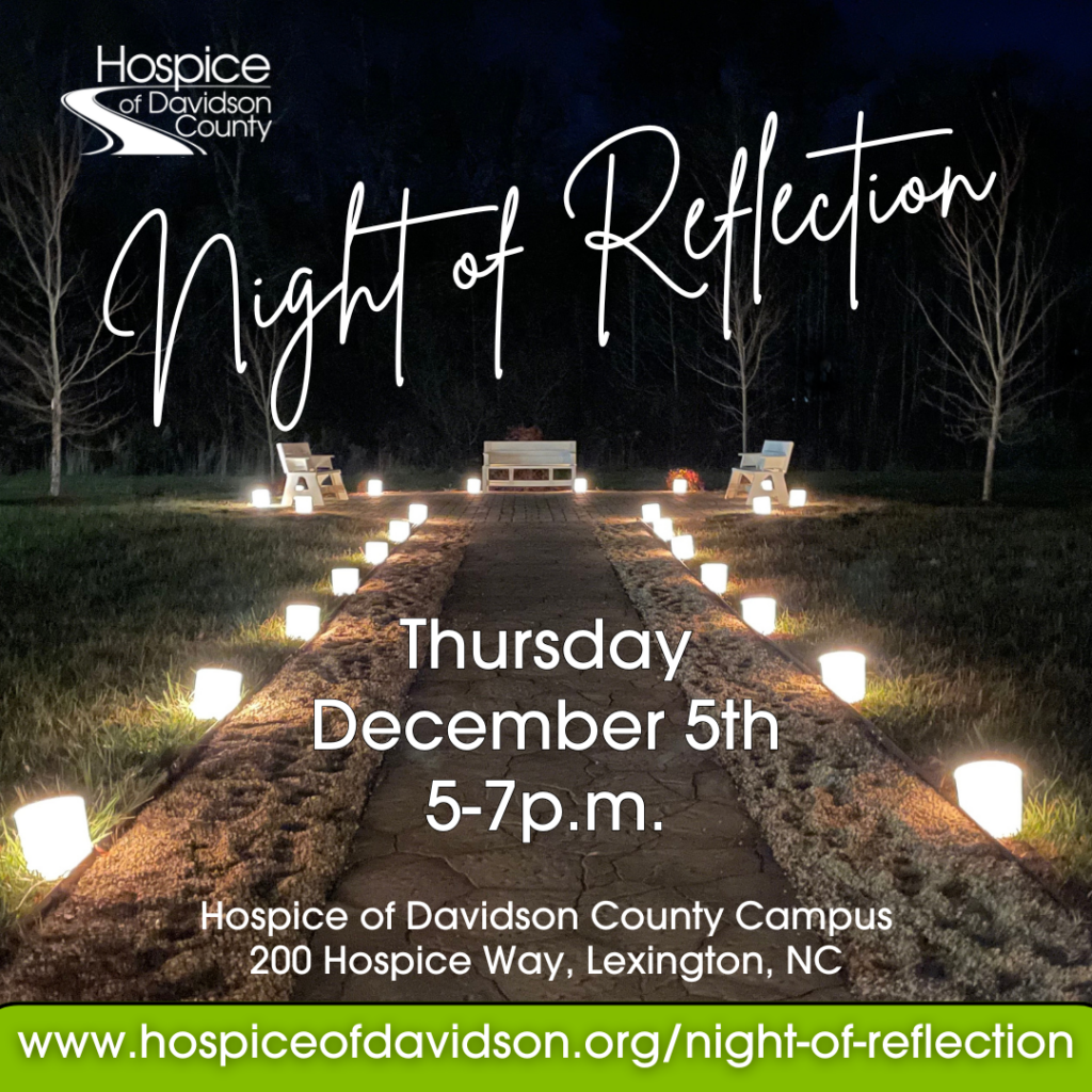 night of reflection flyer with background showcasing candles leading down a walkway to a set of benches