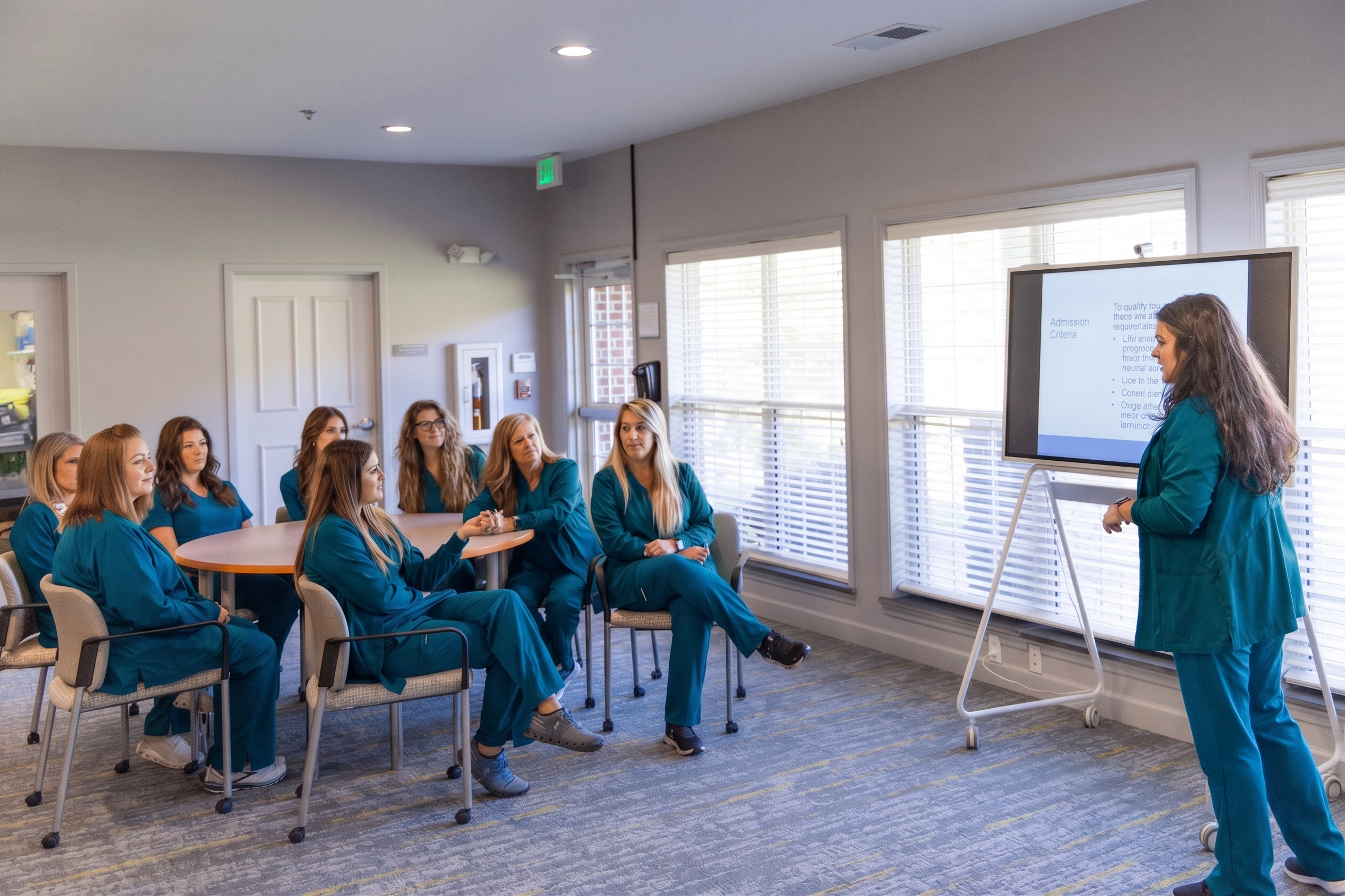 Nurses in conference room sitting around table with one nurse teaching and point at screen