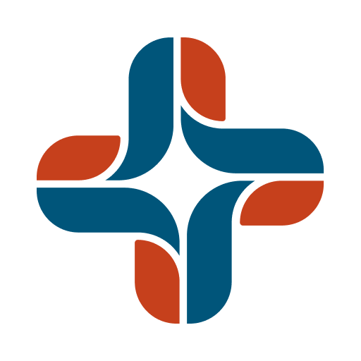 Alderwood logo, a medical cross made of interwoven leaves in teal and rust red.