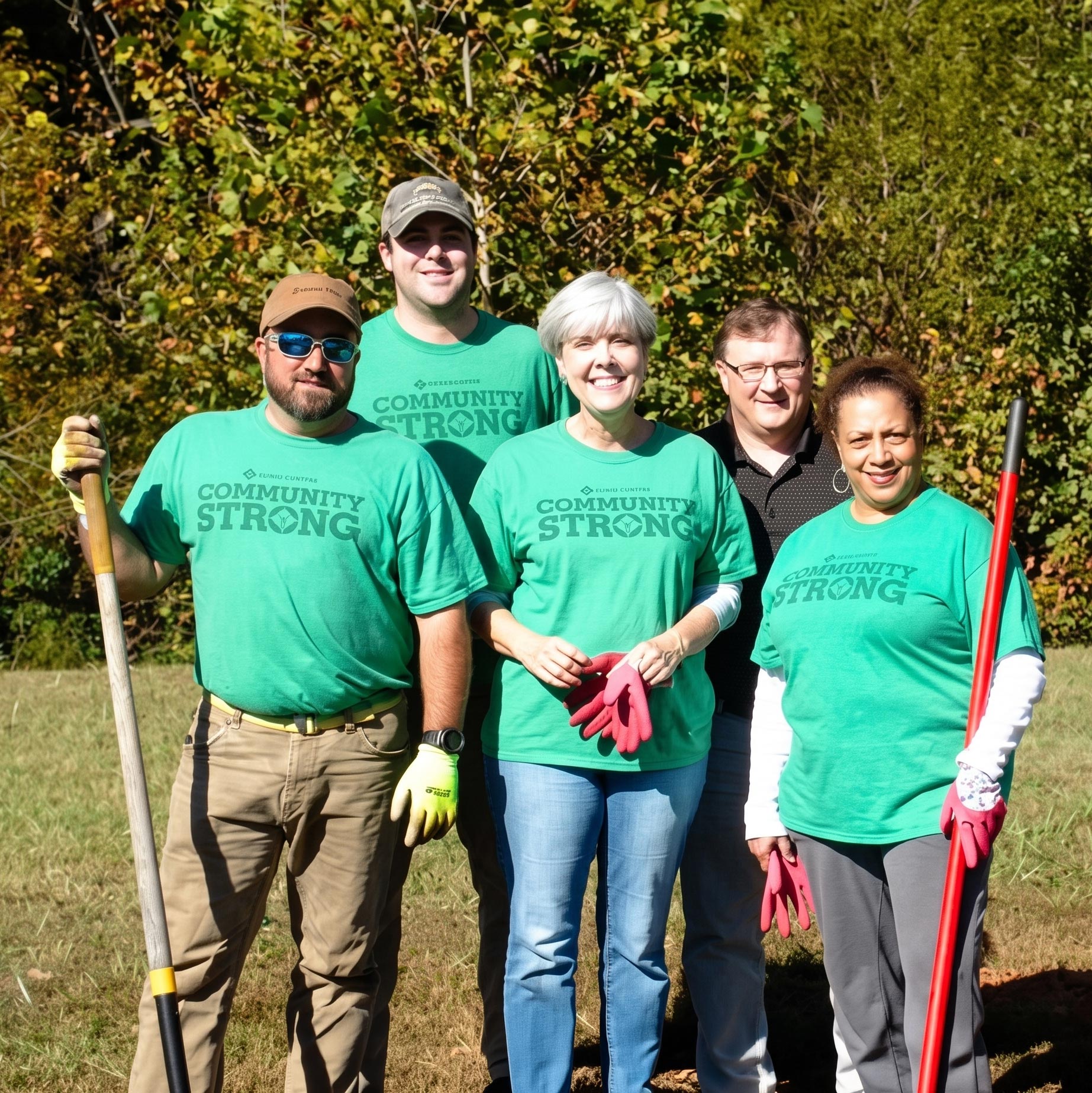 Diverse community volunteers in "COMMUNITY STRONG" shirts ready for community engagement
